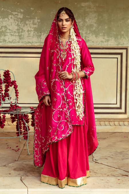 Buy Maison Shefali Magenta Cotton, Chanderi Sequins, Embroidery Jaal Detailed Kurta Sharara Set Online at Aza Fashions Buy_Maison Shefali_Magenta Cotton, Chanderi Sequins, Embroidery Jaal Detailed Kurta Sharara Set _Online_at_Aza_Fashions