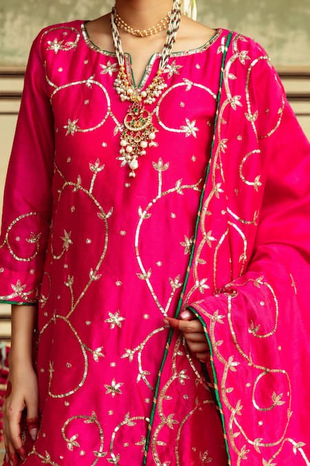 Shop Maison Shefali Magenta Cotton, Chanderi Sequins, Embroidery Jaal Detailed Kurta Sharara Set Online at Aza Fashions Shop_Maison Shefali_Magenta Cotton, Chanderi Sequins, Embroidery Jaal Detailed Kurta Sharara Set _Online_at_Aza_Fashions