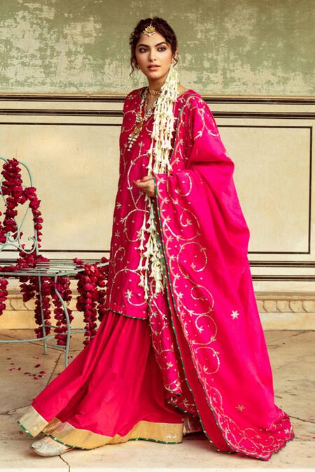 Maison Shefali Magenta Cotton, Chanderi Sequins, Embroidery Jaal Detailed Kurta Sharara Set at Aza Fashions Maison Shefali_Magenta Cotton, Chanderi Sequins, Embroidery Jaal Detailed Kurta Sharara Set _at_Aza_Fashions