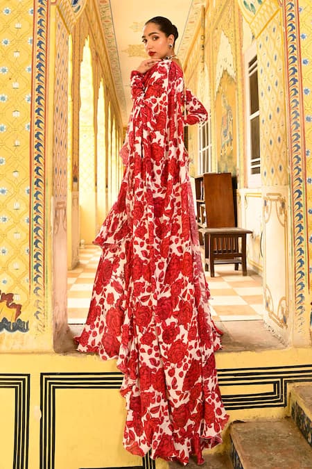 Sanam Floral Print Ruffle Pre-Draped Saree With Blouse