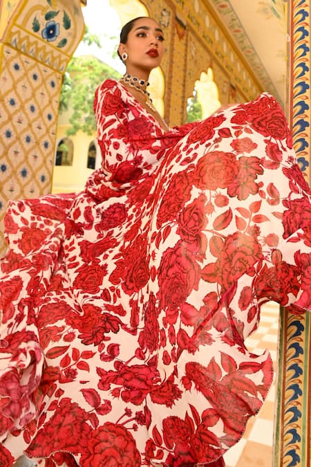 Buy_Sanam_Red Silk, Chiffon Floral Print Ruffle Pre-draped Saree With Blouse _Online_at_Aza_Fashions