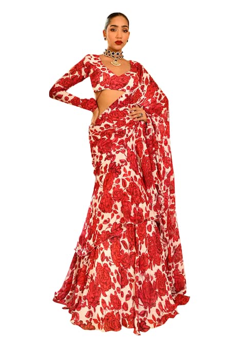 Sanam_Red Silk, Chiffon Floral Print Ruffle Pre-draped Saree With Blouse _at_Aza_Fashions