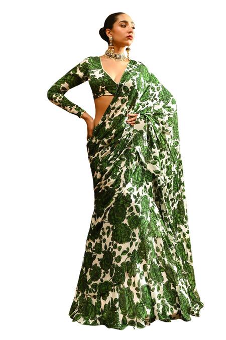 Shop_Sanam_White Silk, Crepe, Chiffon Floral Ruffle Pre-draped Saree With Blouse _Online_at_Aza_Fashions