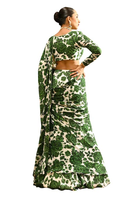 Sanam_White Silk, Crepe, Chiffon Floral Ruffle Pre-draped Saree With Blouse _at_Aza_Fashions