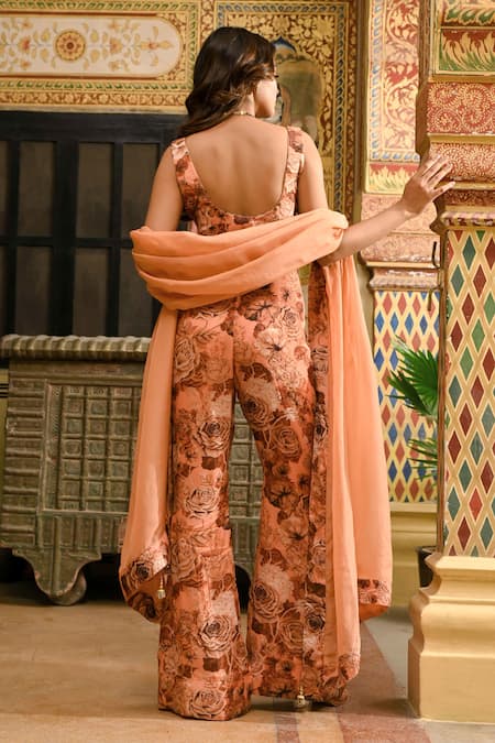 Sanam Beige Silk, Crepe Tassels, Floral Print Sleeveless Blouse And Flared Trouser Set Online at Aza Fashions Sanam_Beige Silk, Crepe Tassels, Floral Print Sleeveless Blouse And Flared Trouser Set _Online_at_Aza_Fashions