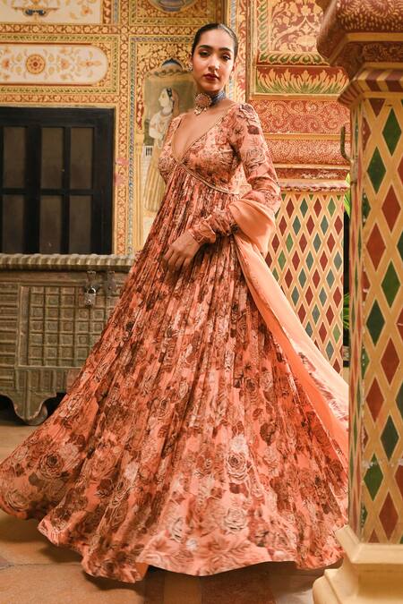 Shop_Sanam_Beige Silk, Chiffon, Crepe Embroidery, Sequins, Gota Yoke Anarkali With Dupatta _Online_at_Aza_Fashions