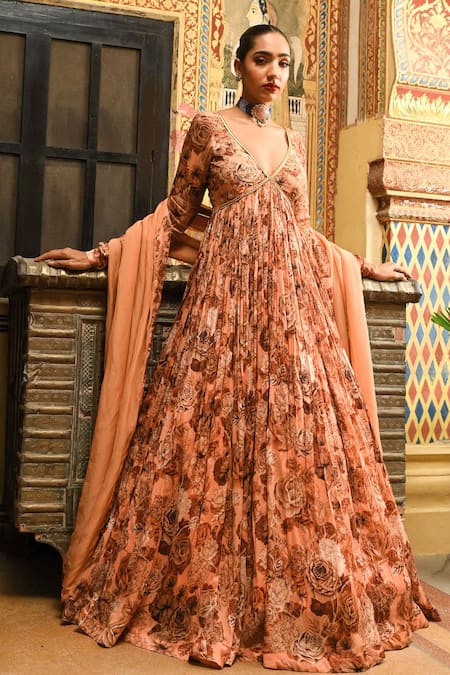 Sanam_Beige Silk, Chiffon, Crepe Embroidery, Sequins, Gota Yoke Anarkali With Dupatta _at_Aza_Fashions