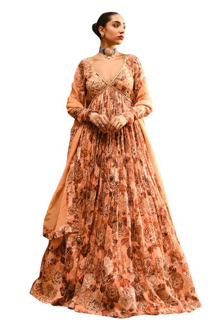 Buy_Sanam_Beige Silk, Chiffon, Crepe Embroidery, Sequins, Gota Yoke Anarkali With Dupatta 