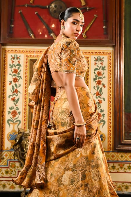 Sanam Tissue Floral Print Pre-Draped Saree With Tie Up Blouse