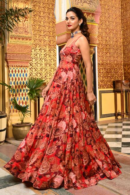 Shop_Sanam_Red Silk, Chiffon, Crepe Scoop Neck Floral Print Flared Anarkali _Online_at_Aza_Fashions