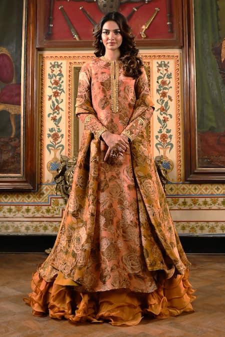 SANAM Peach Tissue Embroidery Moti Notched Floral Gota Ruffle Lehenga Set 