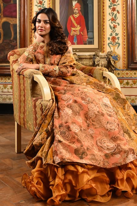 Buy_Sanam_Peach Tissue, Crepe Sequins, Embroidery Split Floral Gota Ruffle Lehenga Set _Online_at_Aza_Fashions