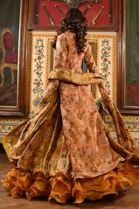 Shop_Sanam_Peach Tissue, Crepe Sequins, Embroidery Split Floral Gota Ruffle Lehenga Set _Online_at_Aza_Fashions