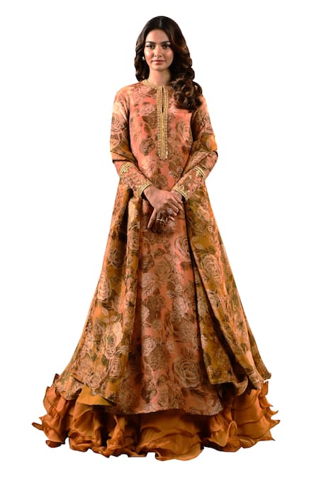 Sanam_Peach Tissue, Crepe Sequins, Embroidery Split Floral Gota Ruffle Lehenga Set _at_Aza_Fashions