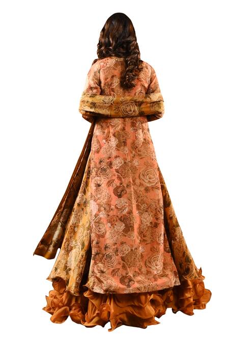 Buy_Sanam_Peach Tissue, Crepe Sequins, Embroidery Split Floral Gota Ruffle Lehenga Set 