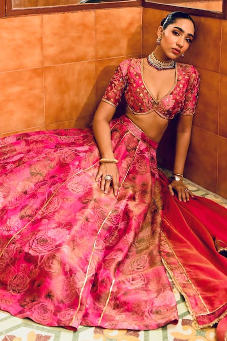 Buy_Sanam_Pink Tissue, Crepe Sequins, Mirrors, Gota Patti Floral Print Kalidar Lehenga Set _Online_at_Aza_Fashions
