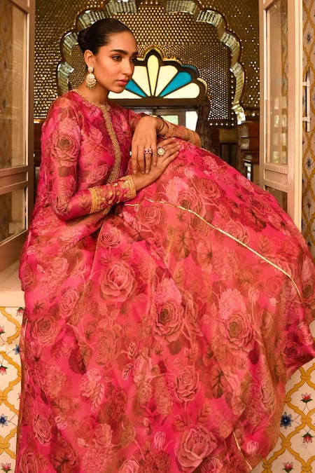 Buy_Sanam_Pink Tissue, Crepe, Linen Sequins, Gota Floral Kalidar Kurta And Lehenga Set _Online_at_Aza_Fashions