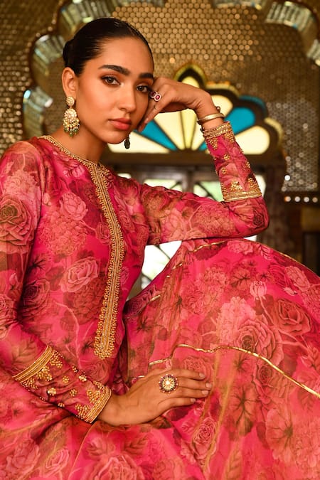 Shop_Sanam_Pink Tissue, Crepe, Linen Sequins, Gota Floral Kalidar Kurta And Lehenga Set _Online_at_Aza_Fashions
