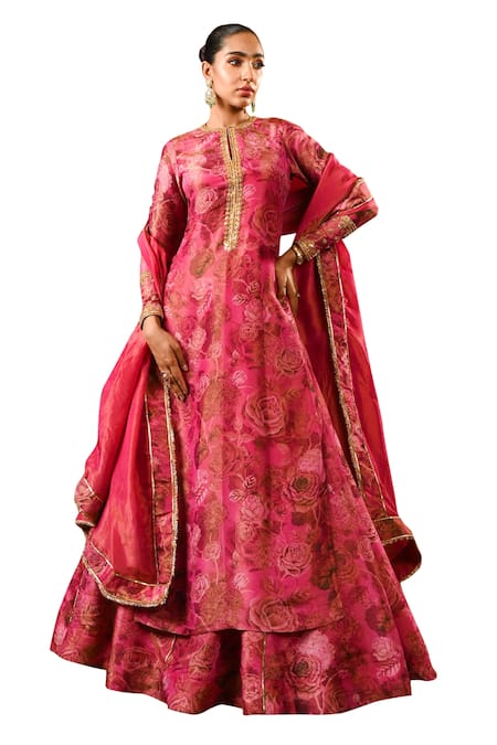 Sanam_Pink Tissue, Crepe, Linen Sequins, Gota Floral Kalidar Kurta And Lehenga Set _at_Aza_Fashions