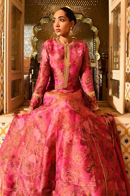 Buy_Sanam_Pink Tissue, Crepe, Linen Sequins, Gota Floral Kalidar Kurta And Lehenga Set 