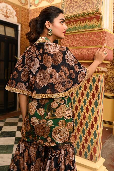 Buy_Sanam_Black Silk, Chiffon, Crepe Embroidery, Gota Patti, Floral Cape And Sharara Set _Online_at_Aza_Fashions