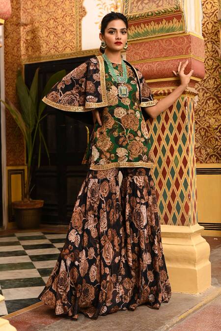 Shop_Sanam_Black Silk, Chiffon, Crepe Embroidery, Gota Patti, Floral Cape And Sharara Set _Online_at_Aza_Fashions