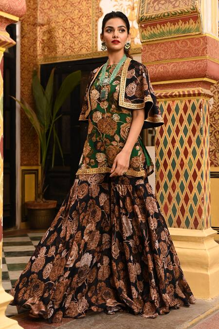 Sanam_Black Silk, Chiffon, Crepe Embroidery, Gota Patti, Floral Cape And Sharara Set _at_Aza_Fashions