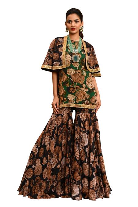 Buy_Sanam_Black Silk, Chiffon, Crepe Embroidery, Gota Patti, Floral Cape And Sharara Set 