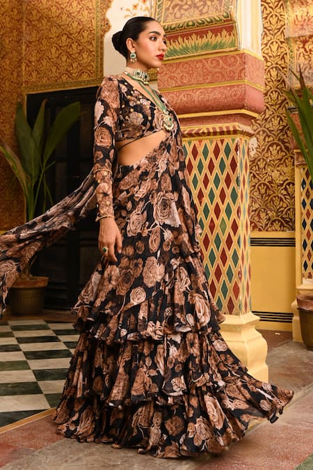 Buy Sanam Black Silk, Chiffon, Crepe Floral Print Ruffle Pre-draped Saree With Blouse Online at Aza Fashions Buy_Sanam_Black Silk, Chiffon, Crepe Floral Print Ruffle Pre-draped Saree With Blouse _Online_at_Aza_Fashions