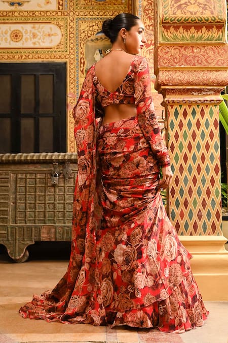 Sanam Floral Print Blouse With Ruffle Pre-Draped Saree