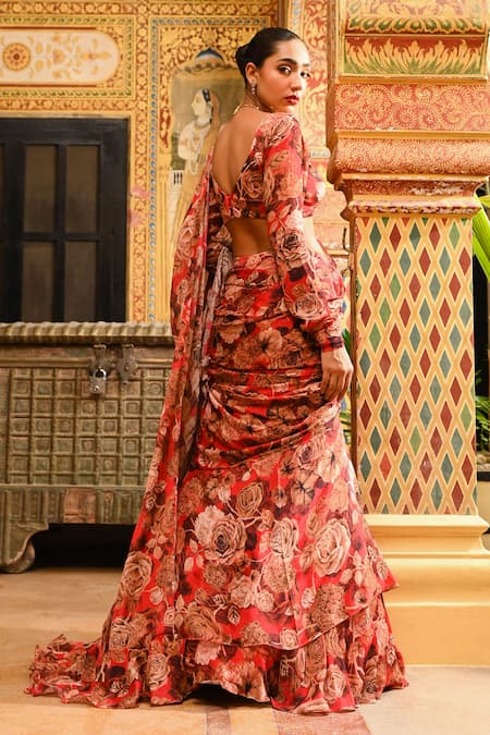 Shop_Sanam_Red Silk, Chiffon Embroidery Floral Print Blouse With Ruffle Pre-draped Saree _Online_at_Aza_Fashions