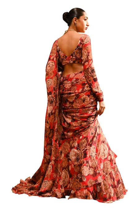 Sanam_Red Silk, Chiffon Embroidery Floral Print Blouse With Ruffle Pre-draped Saree _at_Aza_Fashions