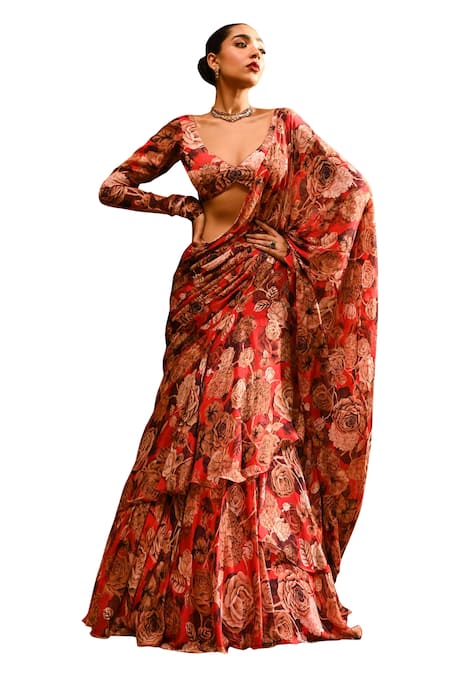 Buy_Sanam_Red Silk, Chiffon Embroidery Floral Print Blouse With Ruffle Pre-draped Saree 