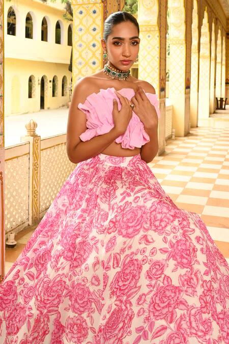 Buy_Sanam_Pink Organza, Crepe, Silk Floral Print Gathered Lehenga With Ruffle Blouse _Online_at_Aza_Fashions