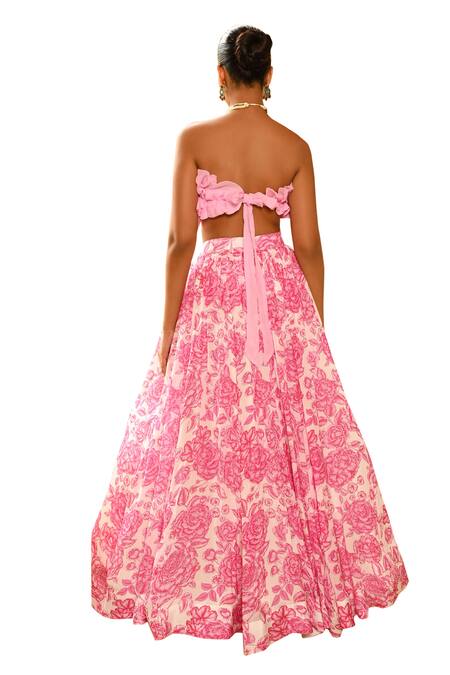 Shop_Sanam_Pink Organza, Crepe, Silk Floral Print Gathered Lehenga With Ruffle Blouse _Online_at_Aza_Fashions