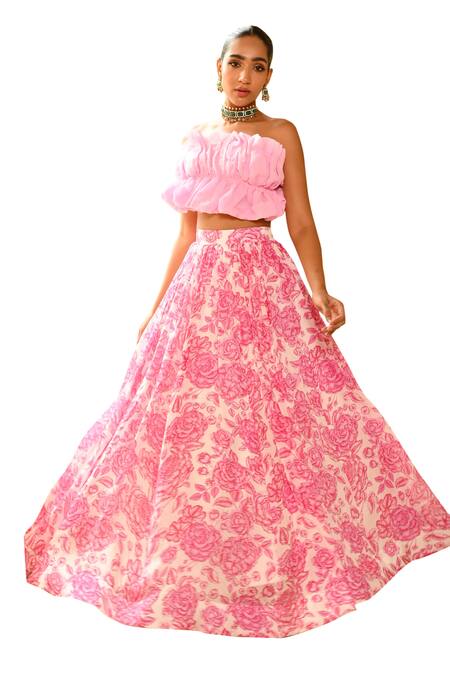 Sanam_Pink Organza, Crepe, Silk Floral Print Gathered Lehenga With Ruffle Blouse _at_Aza_Fashions