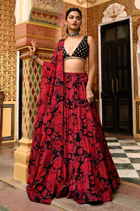 SANAM Silk Chiffon Floral Print Gathered Lehenga Set 