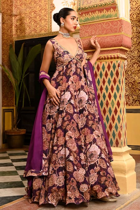 SANAM Purple Silk Chiffon Embroidery Moti Floral Kalidar Anarkali With Dupatta 