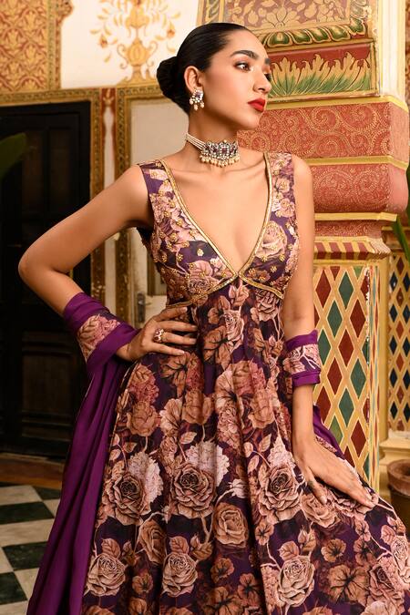 Shop Sanam Purple Silk, Crepe, Floral Moti Embroidered Kalidar Anarkali With Dupatta Online at Aza Fashions Shop_Sanam_Purple Silk, Crepe, Floral Moti Embroidered Kalidar Anarkali With Dupatta _Online_at_Aza_Fashions
