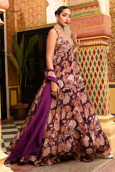 Sanam Purple Silk, Crepe, Floral Moti Embroidered Kalidar Anarkali With Dupatta at Aza Fashions Sanam_Purple Silk, Crepe, Floral Moti Embroidered Kalidar Anarkali With Dupatta _at_Aza_Fashions