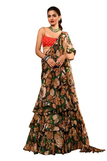 Shop_Sanam_Green Crepe, Silk Floral Moti Embroidered Ruffle Pre-draped Saree With Blouse _Online_at_Aza_Fashions