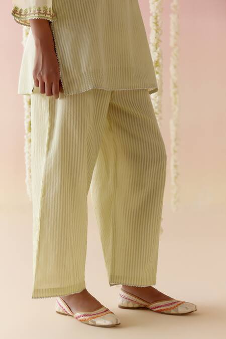 Shop Nero India Yellow Crepe, Chanderi Embroidery, Gota Floral Stripped Short Kurta Pant Set Online at Aza Fashions Shop_Nero India_Yellow Crepe, Chanderi Embroidery, Gota Floral Stripped Short Kurta Pant Set_Online_at_Aza_Fashions