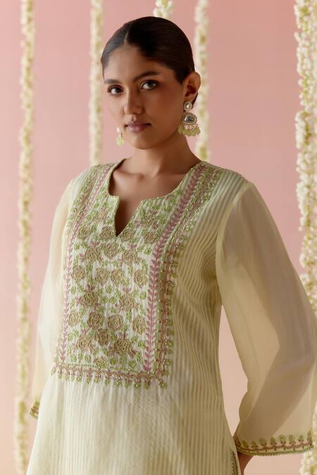 Nero India Yellow Crepe, Chanderi Embroidery, Gota Floral Stripped Short Kurta Pant Set at Aza Fashions Nero India_Yellow Crepe, Chanderi Embroidery, Gota Floral Stripped Short Kurta Pant Set_at_Aza_Fashions