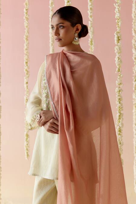 Shop Nero India Yellow Crepe, Chanderi Embroidery, Gota Floral Stripped Short Kurta Pant Set Shop_Nero India_Yellow Crepe, Chanderi Embroidery, Gota Floral Stripped Short Kurta Pant Set