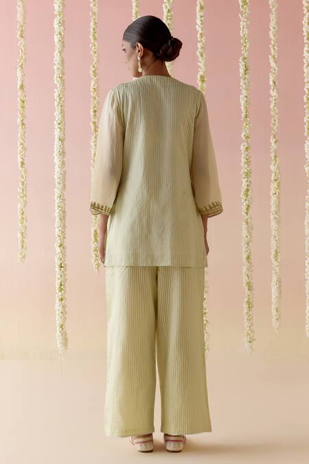 Shop Nero India Yellow Crepe, Chanderi Embroidery, Gota Floral Stripped Short Kurta Pant Set at Aza Fashions Shop_Nero India_Yellow Crepe, Chanderi Embroidery, Gota Floral Stripped Short Kurta Pant Set_at_Aza_Fashions