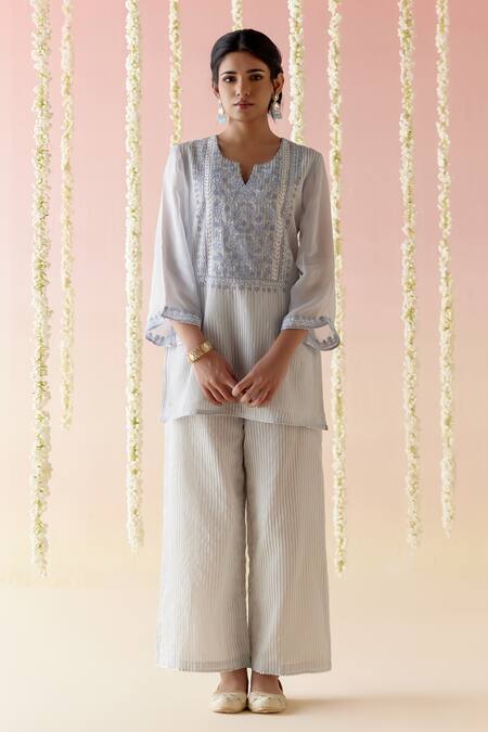 Nero India_Blue Crepe, Chanderi Embroidery, Lace Split Floral Yoke Short Kurta Pant Set_Online_at_Aza_Fashions