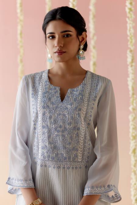 Shop_Nero India_Blue Crepe, Chanderi Embroidery, Lace Split Floral Yoke Short Kurta Pant Set_Online_at_Aza_Fashions