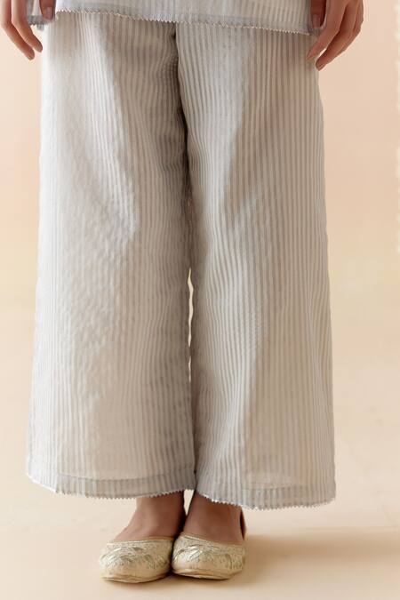 Nero India_Blue Crepe, Chanderi Embroidery, Lace Split Floral Yoke Short Kurta Pant Set_at_Aza_Fashions