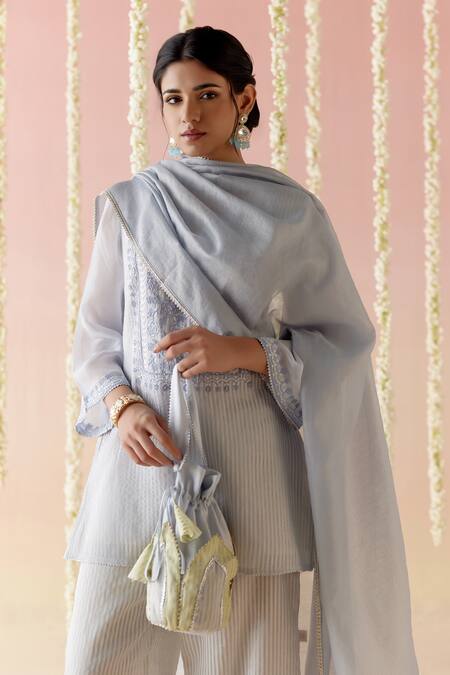 Shop_Nero India_Blue Crepe, Chanderi Embroidery, Lace Split Floral Yoke Short Kurta Pant Set