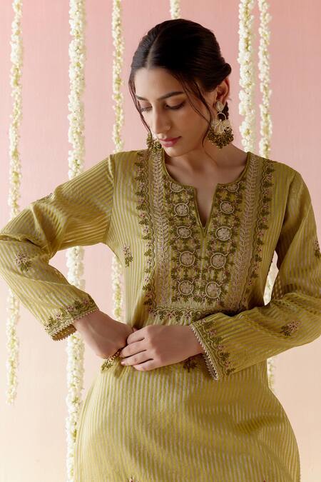 Nero India_Green Crepe, Chanderi, Net, Satin Embroidery, Floral Stripped Kurta Pant Set_Online_at_Aza_Fashions